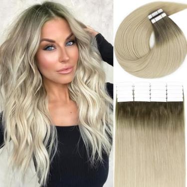 Imagem de Lacer Cabelo Natural Cabelo Remy Fita Em Extensões de Cabelo Humano # 8G / 60A Light Ash Brown To Light Platinum Blond Dip Dyed Seamless Pu Skin Trama Real Remy Invisible Hair Double Side 50G 20Pcs 18 Polegadas