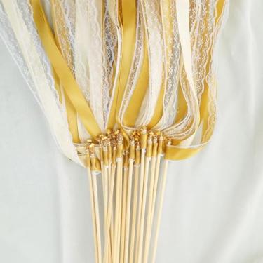 Imagem de 50 sinos para lembrancinhas de casamento, varinhas de desejos de fadas de renda, para festas, feriados de aniversário e celebrações de festivais (amarelo dourado com renda)