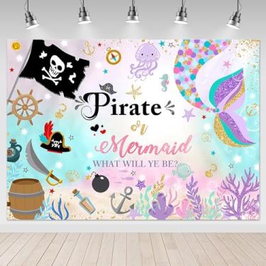 Imagem de Mocsicka Sereia ou pirata pano de fundo revelador de gênero oceano chá de bebê decoração de festa sob o mar revelação de gênero de bebê faixa de fundo para estúdio fotográfico (2,1 x 1,5 m)