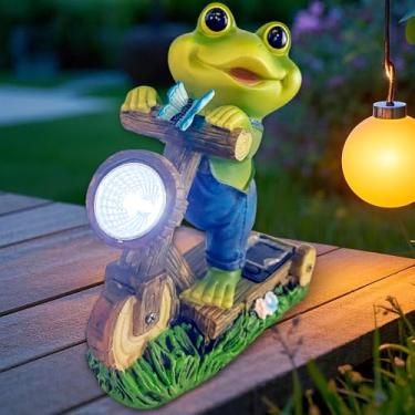 Imagem de KOOY Estátuas de jardim sapo com lanterna solar sapo ao ar livre passeio em bicicleta escultura decorações para pátio quintal ornamentos de gramado presentes para aniversário, Páscoa, inauguração de