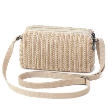 Imagem de BBORGDC Pequena bolsa transversal de palha para mulheres, bolsa de férias com compartimento duplo de tecido amarelo com alça de telefone ajustável, carteira de praia de verão boho, carteira de