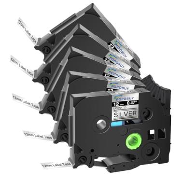 Imagem de POPOBUY Fita de prata laminada TZ TZe 12 mm 1,2 cm compatível com Brother P Touch TZ931 TZ-931 TZe-931 TZe931 Fita de etiqueta para Brother PTD210 PTD200 PTH110 PTD400, pacote com 5 unidades pretas