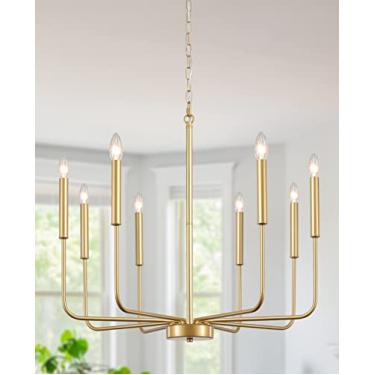 Imagem de LASENCHOO Luminária de lustre dourado, lustre moderno de casa de fazenda com 8 luzes para sala de jantar, luminária pendente de vela, luminárias suspensas no teto para cozinha, sala de estar, quartos,