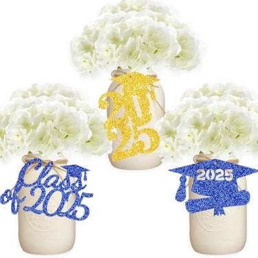 Imagem de Etiquetas de formatura em ouro azul 2021 com recortes de glitter para diploma de lembrancinhas de festa Etiqueta de parabéns Decoração de mesa