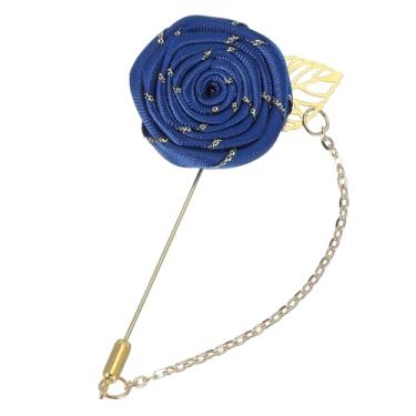 Imagem de uxcell Broche de lapela rosa para ternos masculinos, broche de flor de pano feito à mão com folha de ouro/corrente para acessórios de terno casamento noivo azul safira, 9.5 cm, Metal, Liga metálica.