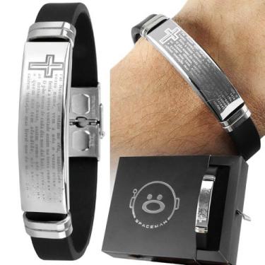 Imagem de pulseira masculina aço inox placa pai nosso + caixa social estilosa qu