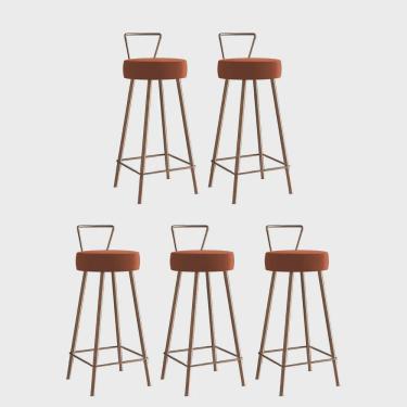 Imagem de Kit 05 Banqueta Alta Com Encosto Tais Eiffel Cozinha Bar Bistrô Ferro Bronze Sintético Laranja - Ahz Móveis