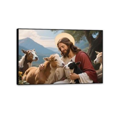 Imagem de Arte de parede em tela Jesus e Cordeiro, Jesus e Cordeiro Cristãos Religiosos, Jesus Cristão Rei Leão Impressão Pôster Pintura Religiosa Arte Igreja Decoração de Parede Imagens 90 x 60 cm Moldura