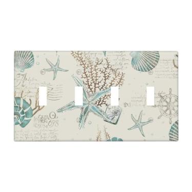 Imagem de Bússola náutica estrela do mar praia concha 4 gangues capa decorativa para interruptor de luz quadriciclo placa decorativa elétrica para cozinha, casa, celeiro, casa de fazenda, decoração grande