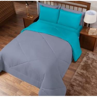 Imagem de Kit Edredom Casal Queen Jogo de Lençol 06 peças Aconchego Dupla Face (Cinza e Tifanny)