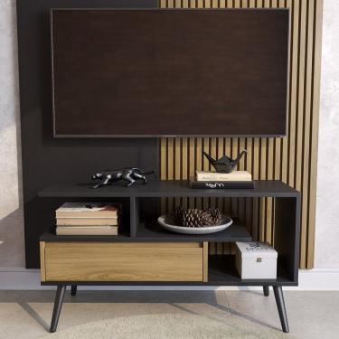 Imagem de Rack Aparador Estante para Tv 55 Polegadas com Porta Nicho Prateleira Pés Palito Retro Preto/Freijó