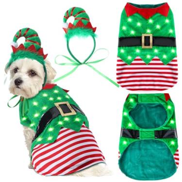 Imagem de Abbylike Roupa de Natal para cães e faixa de cabeça de elfo com luz LED colorida para cães cosplay adorável Natal Ano Novo cão gato acessório para festa de férias cães pequenos e médios (grande)