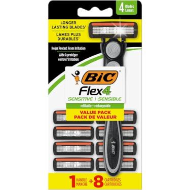 Imagem de BIC Flex 4 lâminas recarregáveis para homens, lâminas descartáveis de longa duração com 4 lâminas para pele sensível, 1 alça e 8 cartuchos, kit de barbear com 9 peças
