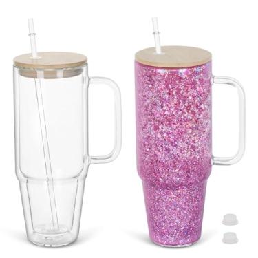 Imagem de Copo de vidro de globo de neve de 1,134 g com alça, 2 pacotes de caneca de café de vidro de parede dupla pré-perfurada para globo de neve DIY Glitter