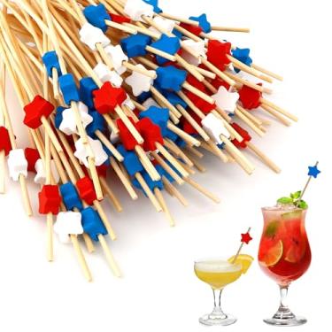 Imagem de Palitos de dente de 4 de julho, 100 peças de palitos de estrela vermelha, branca e azul para aperitivos, espetos de sanduíche de bambu, bebidas, palitos patrióticos de coquetel para decorações de