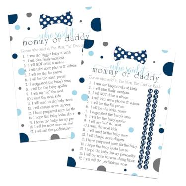 Imagem de Bow Tie Baby Shower Games Mommy or Daddy (pacote com 25) – Guess What Parent Said It Trivia – Oh Boy Little Man – Diversão Sprinkle Activities – Azul-marinho e cinza