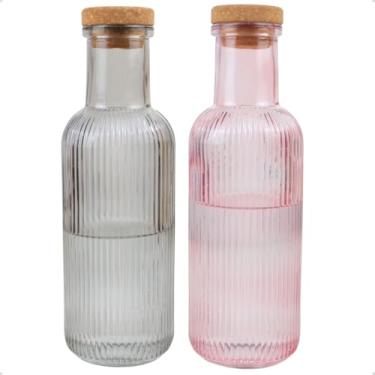 Imagem de Kit 2 Garrafas de Vidro Canelado para Água Suco 1 Litro Colorida Grace com Tampa Rolha (Preta e Rosa)