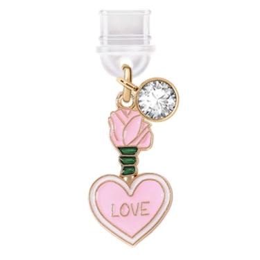 Imagem de ELISE & FONDA Porta de carregamento tipo C TP596 plugue antipoeira Little Love Heart com pingente de celular rosa para iPhone 15/16/Samsung/OnePlus/Xiaomi/oppo telefones Android (rosa)