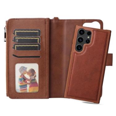 Imagem de HAO RIYLN Capa de couro para Samsung Galaxy S25 Ultra/S25 Plus/S25, capa magnética destacável com compartimentos para cartões, capa carteira à prova de choque, marrom, S25