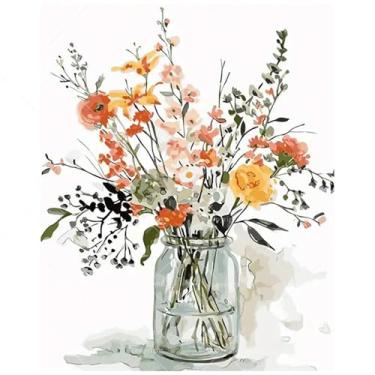 Imagem de Kit de pintura de arte floral por números para adultos - Buquê de flores silvestres DIY em jarra de vidro pintura em tela 40,6 x 50,8 cm, conjunto de tinta acrílica, adequado para iniciantes, arte