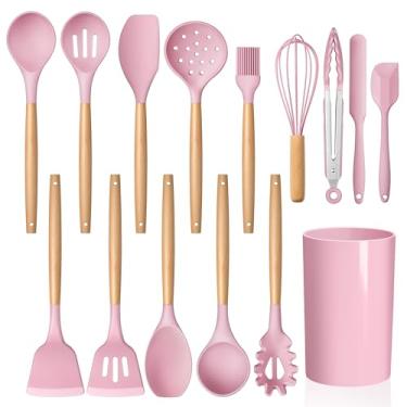 Imagem de Conjunto de utensílios de cozinha de silicone, LIANYU 15 peças resistentes ao calor com suporte, utensílios de cozinha para panelas antiaderentes, cabo de madeira, rosa