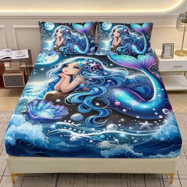 Imagem de AILONEN Jogo de cama infantil solteiro sereia, azul e praia, linda sereia, 3 peças, tema princesa solteiro, lençol com elástico e 2 fronhas