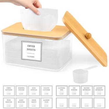Imagem de Gocasmus Suporte de lençol para secadora – Recipiente transparente com tampa de bambu, 16 etiquetas e colheres para organização de lavanderia e armazenamento, lençol, bolas, prendedores de roupa