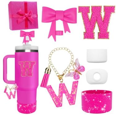 Imagem de Miglaja Acessórios pretos para copos Stanley 850.5 g 1,134.0 g, todos os acessórios caixa de presente contêm topo de palha de flor, bota de silicone, adesivos de letras e pingentes, conjunto de tampa