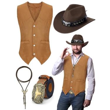 Imagem de Cutecrop 4 peças de roupas ocidentais para homens colete de couro de camurça cowboy chapéu gravata fivela cinto para festa à fantasia de Halloween, Marrom, M