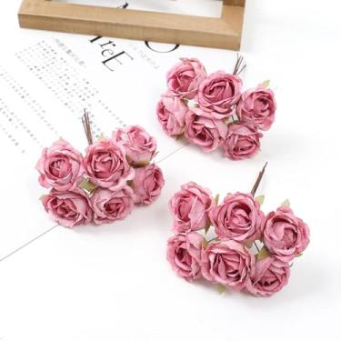 Imagem de 6 peças mini buquê de rosas artificiais para decoração de casamento em casa, scrapbooking, guirlandas artesanais, flores falsas (rosa vermelha)