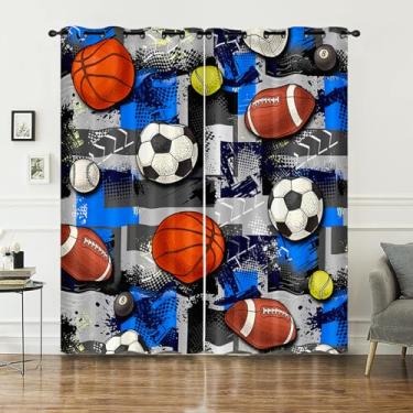 Imagem de AILONEN Cortina de janela esportiva, cortina de janela de futebol, basquete, beisebol, rúgbi, tênis, para meninos e meninas, tema esportivo de bola com ilhós, conjunto de 2 painéis, 132 cm L x 213 cm