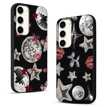 Imagem de Pacote com 2 capas de telefone legais Y2K para Samsung Galaxy S23 5G 6,1 polegadas, Y3K Cute Stars Kawaii, laço, estampa de lábios, bola de discoteca, capa de padrão de fita vermelha, preta, fina