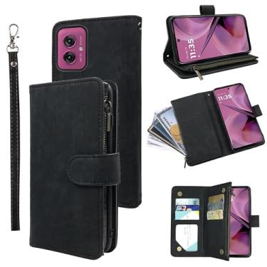 Imagem de Dibosom Capa carteira para Motorola Moto G55 5G com cordão de pulso e couro vintage premium flip porta-cartão de crédito acessórios capa de celular para mulheres homens preto