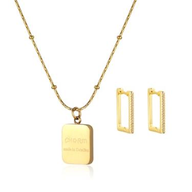 Imagem de FLORA CONJUNTO COLAR FOLHEADO A OURO 18K PINGENTE QUADRADO E BRINCO ARGOLA FOLHEADO A OURO 18K QUADRADO