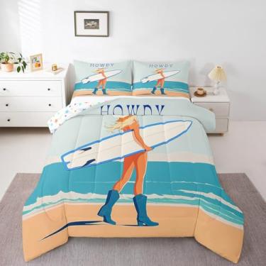 Imagem de Erosebridal Jogo de cama solteiro cowgirl costeiro, para meninas, surfista, surfista, adolescente, com enchimento de edredom de prancha de surfe oceânico, vaqueira ocidental, decoração de quarto com 1