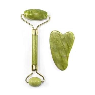 Imagem de Kit Massageador Facial de Jade, Rolo e Placa Gua Sha, 2 Peças, Verde