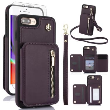 Imagem de Capa de telefone para iPhone 7plus 8plus 7/8 Plus RFID carteira celular com zíper com protetor de tela, alça transversal, compartimento para cartão de crédito, suporte para celular i Phone7s 7s + 7+