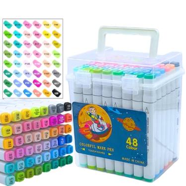 Imagem de Conjunto de Marcadores Brancos Pontas Duplas Finas e Chanfradas Com Estojo Branco, Para Adultos e Iniciantes, Canetas Marcadoras Permanentes à Base de Álcool para Colorir e Desenhar (48 cores B)