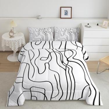 Imagem de jejeloiu Conjunto de edredom de arte abstrata, tamanho Queen, preto e branco, listrado, arte moderna, respirável, geométrico, conjunto de edredom para decoração de quarto