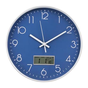 Imagem de BAKBRAND Relógio de parede com visor LCD sem tique-taque silencioso movimento de quartzo decoração relógio com calendário perpétuo e temperatura estilo moderno relógios de parede redondos para