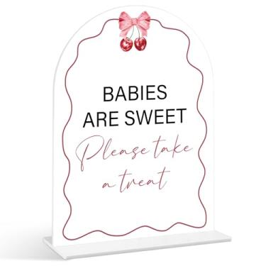 Imagem de Babies Are Sweet Please Take a Treat Sign - Placa de chá de bebê de cereja, 1 pacote de placa de acrílico com suporte, decoração de mesa de festa reveladora de gênero, suprimentos de chá de bebê
