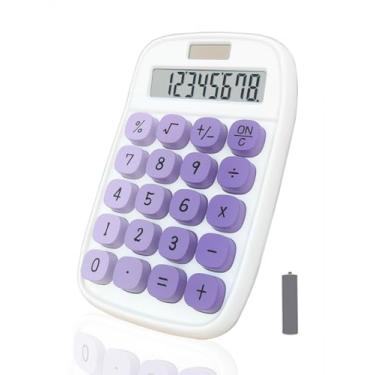 Imagem de Calculadora mecânica, calculadora de potência dupla BTSEYAW com tela inclinada de 8 dígitos e botões grandes, acessório de mesa de escritório fofo (branco e roxo)