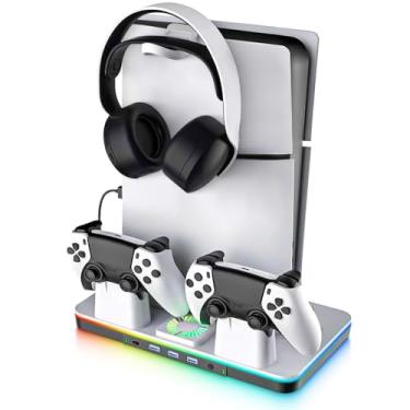 Imagem de PS5/Pro/Slim Stand and Cooling Station with Dual Controller Charger for Playsation 5 Disc&Digital Consoles, RGB Light, Cooling Fan, Headset Holder PS5 Accessories 3 USB Hub(1x3.0 & 2x2.0)