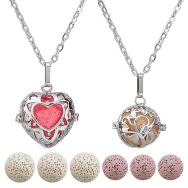 Imagem de SUPERFINDINGS 2 sacos, 2 estilos, colar difusor de óleos essenciais de aromaterapia, pingente de coração de amor e pingente de medalhão de bola oca com 12 peças de pedra vulcânica para mulheres