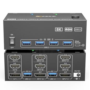 Imagem de KVM Switch 3 monitores 2 computadores 8K @60Hz/4K @144Hz, HDMI Displayport KVM Switches para 2 monitores triplos de PC e mouse teclado com adaptador de alimentação, controlador de extensão com fio e