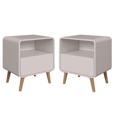 Imagem de Kit Conjunto 02 Mesas de Cabeceira Canto Curvo com Nicho 01 Gaveta e Pés Palito Retrô