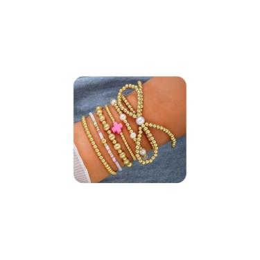 Imagem de Pulseiras femininas com contas douradas modernas e empilháveis com cruz, conjunto de pulseiras elásticas simples, lindas e modernas, pacote com berloques e presentes, Large, Metal, Sem Pedra Preciosa