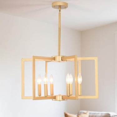 Imagem de Lustre dourado de 6 luzes, luminária rústica para sala de jantar de fazenda sobre mesa, luminárias modernas geométricas de metal industrial, para hall de entrada, cozinha, ilha, corredor, quarto, sala