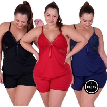 Imagem de Kit 3 Baby Doll Plus Size Detalhe Renda -c12 KIT 3 SIMONE PRETO VERMEL