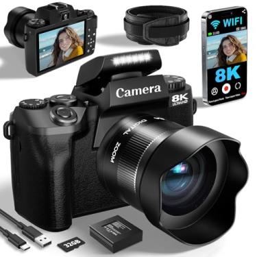 Imagem de Câmeras digitais 8K para fotografia, câmera vlogging WiFi 64MP para YouTube, câmera de viagem com tela sensível ao toque de 4 polegadas com lente dupla, foco automático, zoom digital de 16x, baterias